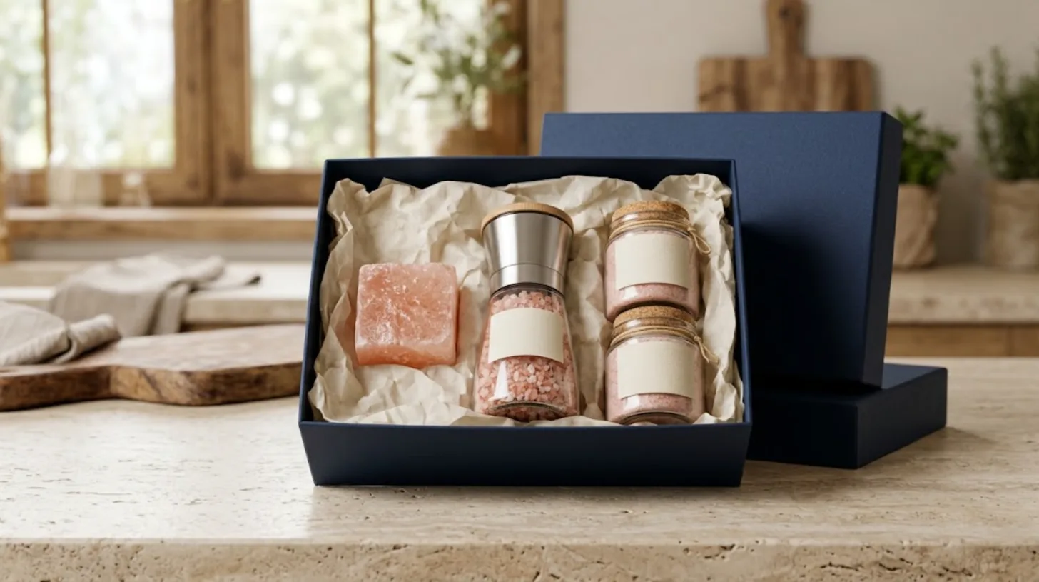 A gift box holding pink salt grinders, jars and a small salt block