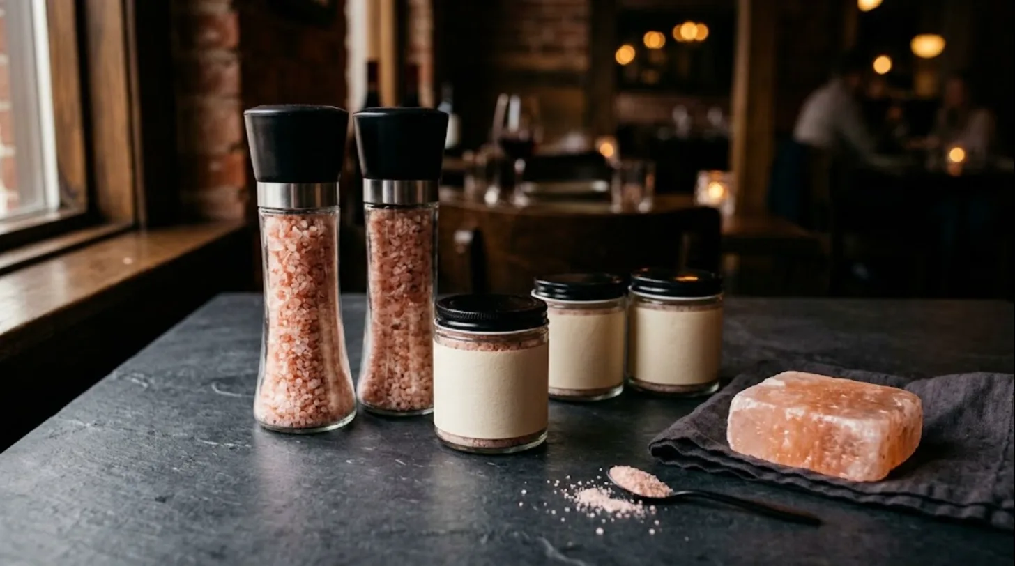 Two pink salt grinders, three glass jars with blank labels and a salt block on a slate table